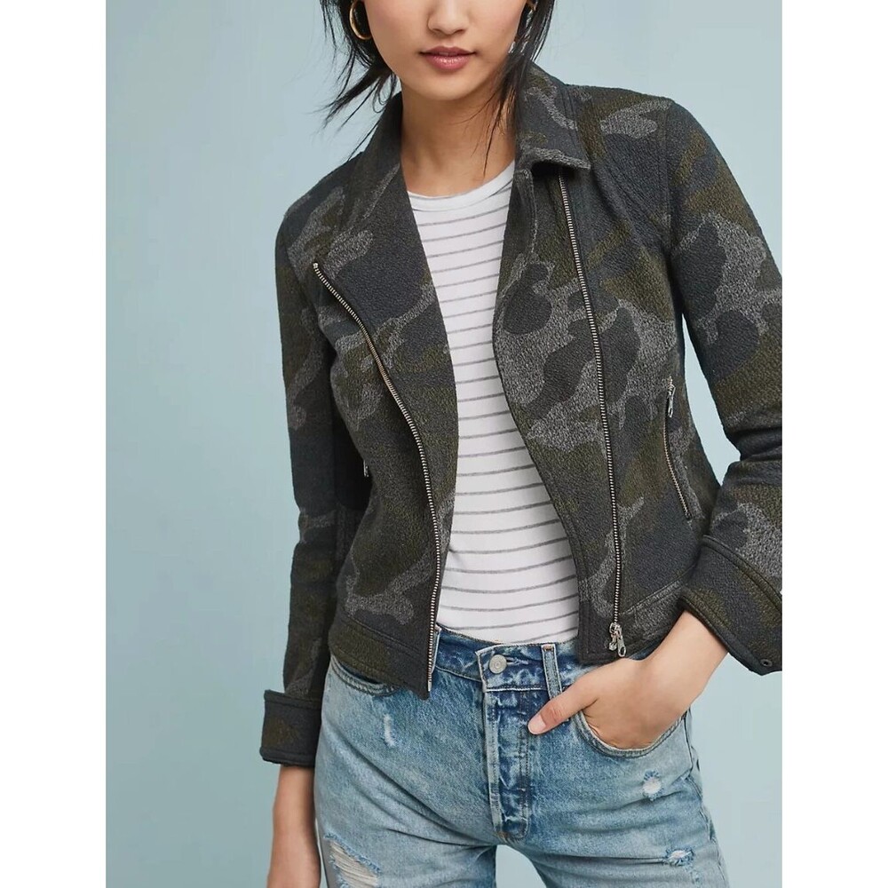 Anthropologie Robin Camo Moto Jacket L Olive Cotton-Blend Stretch